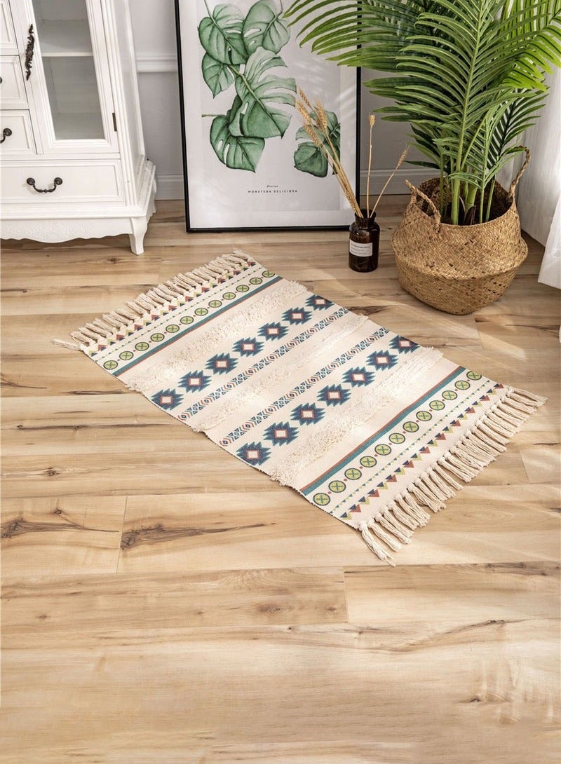 Hanayo Floor Mat Indoor Door Mat 60x90cm Hand Woven Cotton Area Rug with Tufted Tassels Washable Boho Rugs for Bedroom Home Decor(Multicolour) - Image 3