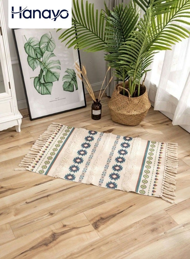 Hanayo Floor Mat Indoor Door Mat 60x90cm Hand Woven Cotton Area Rug with Tufted Tassels Washable Boho Rugs for Bedroom Home Decor(Multicolour) - Image 1