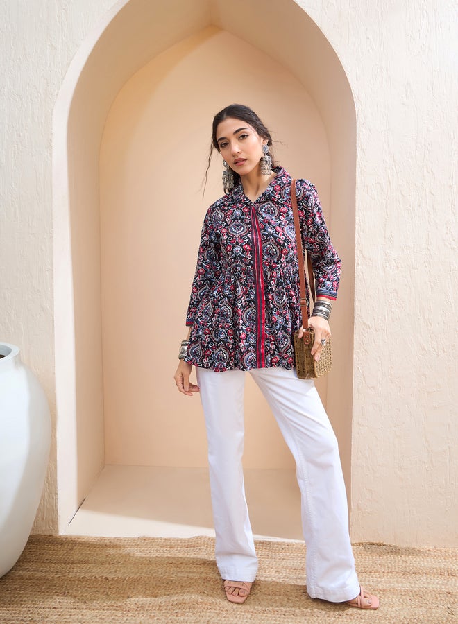 SASSAFRAS Black Floral Front Placket Collar Kurti - Image 2