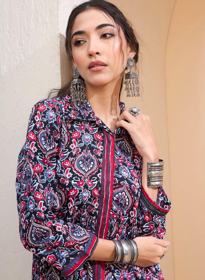 SASSAFRAS Black Floral Front Placket Collar Kurti - Image 4