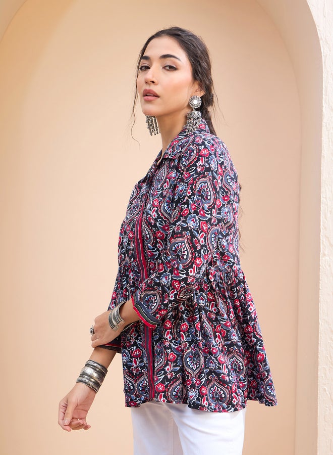 SASSAFRAS Black Floral Front Placket Collar Kurti - Image 3