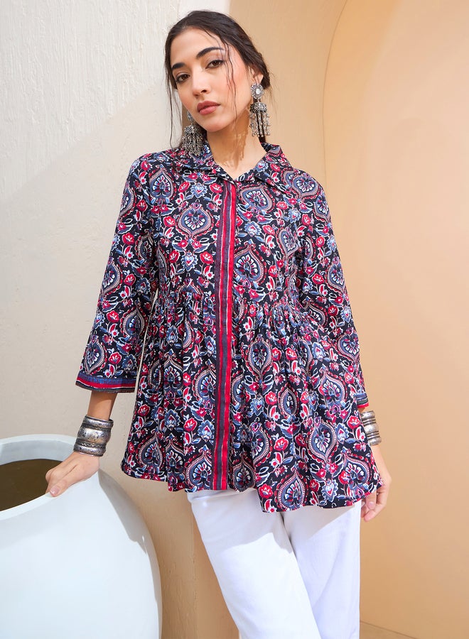 SASSAFRAS Black Floral Front Placket Collar Kurti - Image 1