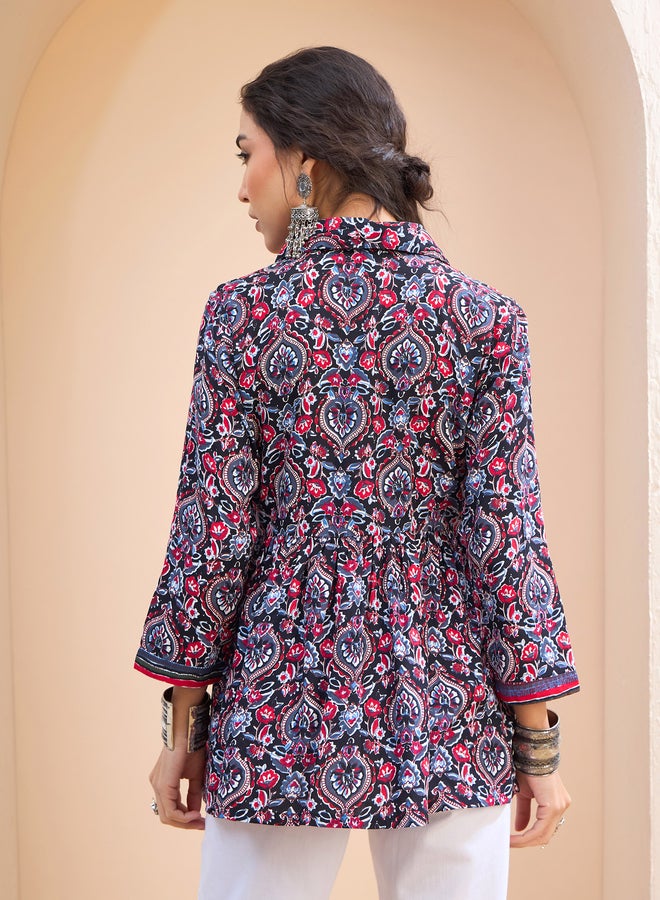 SASSAFRAS Black Floral Front Placket Collar Kurti - Image 5