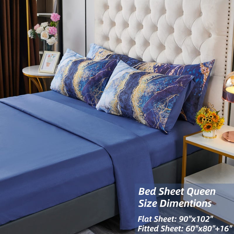 PERFEMET 6 Pcs Bed-in-A-Bag Queen Size Blue Watercolor Marble Printed Comforter Set with Matched Bed Sheets, Colorful Retro Artwork Style Bedroom Collections, Soft Lightweight Quilt Set(Blue,Queen) - Image 5