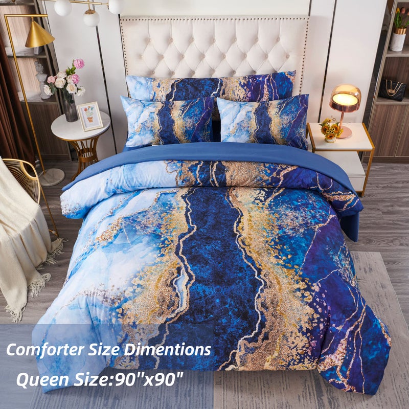 PERFEMET 6 Pcs Bed-in-A-Bag Queen Size Blue Watercolor Marble Printed Comforter Set with Matched Bed Sheets, Colorful Retro Artwork Style Bedroom Collections, Soft Lightweight Quilt Set(Blue,Queen) - Image 4