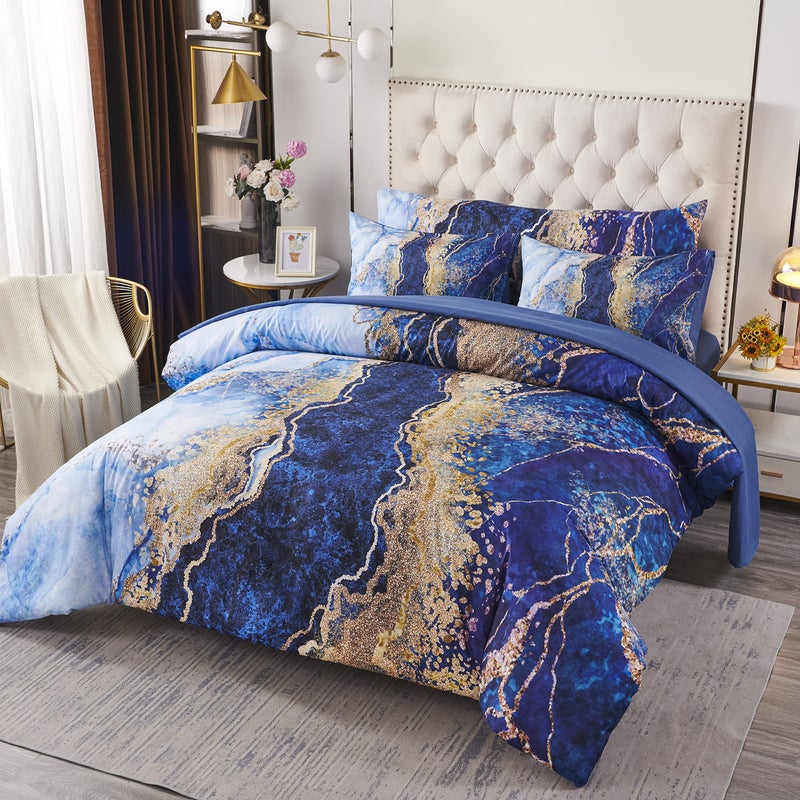 PERFEMET 6 Pcs Bed-in-A-Bag Queen Size Blue Watercolor Marble Printed Comforter Set with Matched Bed Sheets, Colorful Retro Artwork Style Bedroom Collections, Soft Lightweight Quilt Set(Blue,Queen) - Image 1