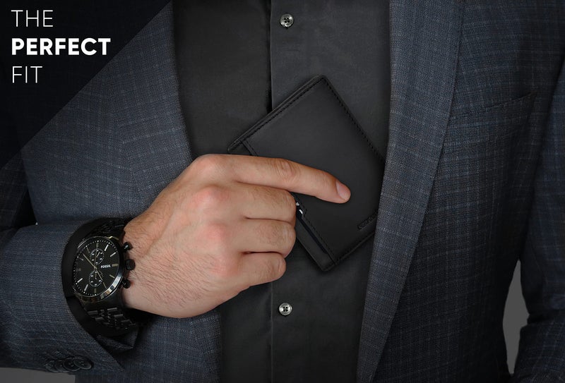 SERMAN BRANDS سيرمان براندز - محافظ للرجال نحيفة جلدية مع تقنية حجب RFID لمحفظة بطاقات أمامية قابلة للطي للسفر رقيقة (أسود فحمي 5.0) - Image 2