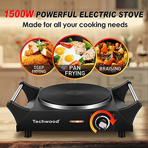 Techwood Hot Plate, Techwood Electric Stove for Cooking, 1500W Countertop Single Burner with Adjustable Temperature and Handles, 7.3” Cooktop for RV/Home/Camp, Compatible for All Cookwares Black - Image 2