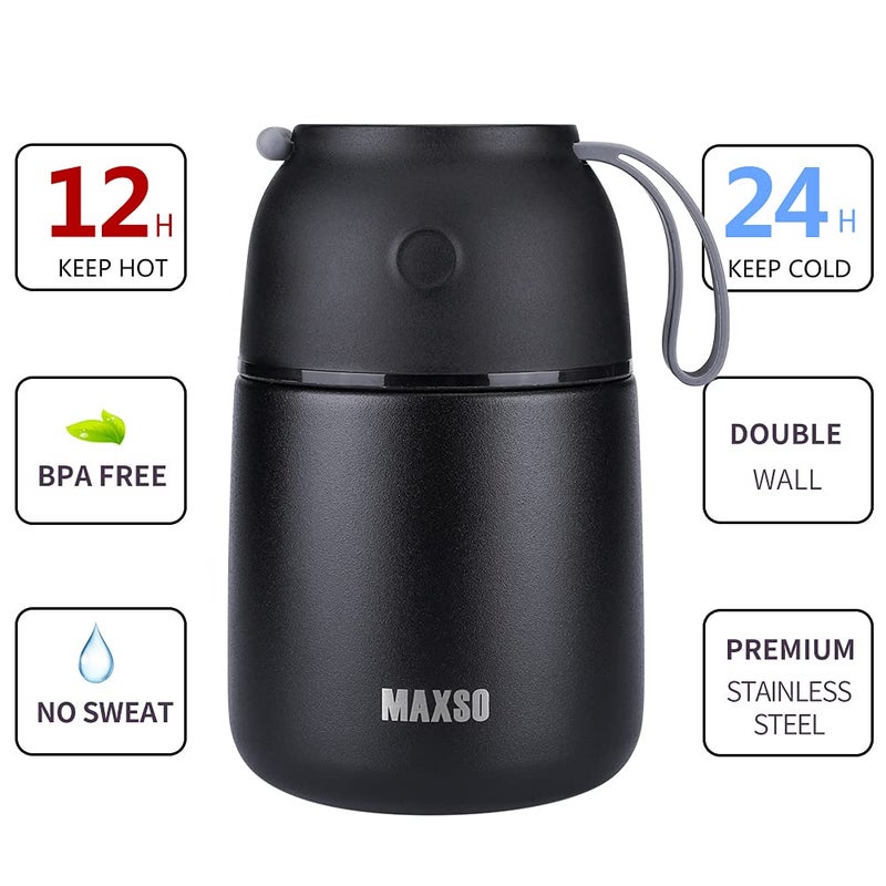 MAXSO Soup Thermo for Hot & Cold Food for Adults Kids, 17 oz Vacuum Insulated Steel Lunch Container Bento Box with Spoon, Leakproof Thermal Food Jar for School Office Travel - Black - Image 3