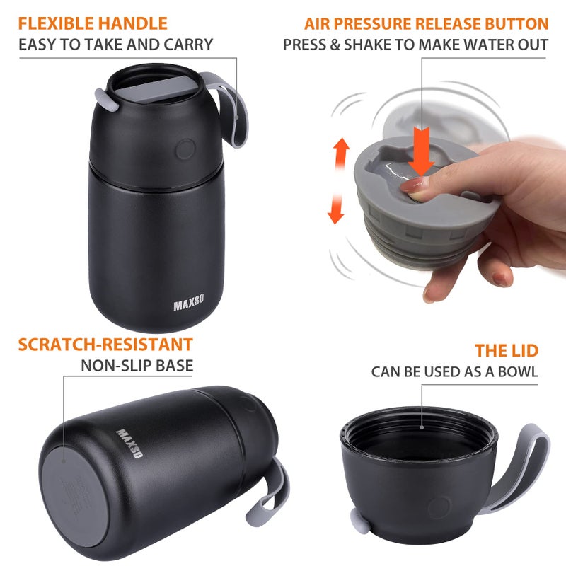 MAXSO Soup Thermo for Hot & Cold Food for Adults Kids, 17 oz Vacuum Insulated Steel Lunch Container Bento Box with Spoon, Leakproof Thermal Food Jar for School Office Travel - Black - Image 5