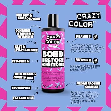 Crazy Color Bond Restore Conditioner for Dry Damaged Hair Bleached Coloured Broken Curly or Frizzy Hair Vegan Cruelty Sulphate Free 250ml - Image 3