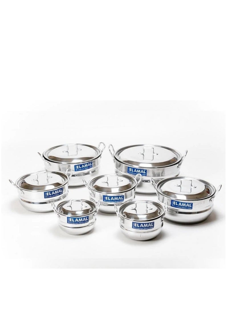 ELAMAL A set of aluminum pots from Al Amal consisting of 7 pots with two handles, Egyptian made, in various sizes including (16/18/20/22/24/28/30 cm), to meet the various cooking needs in your kitchen. - Image 1