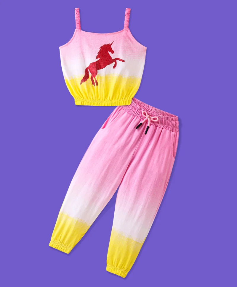 Ollington St. Ollington St. 100% Cotton Ombre Dyed Co-ord Set of Sleeveless Top with Unicorn Glitter Graphic and Joggers - Multicolor