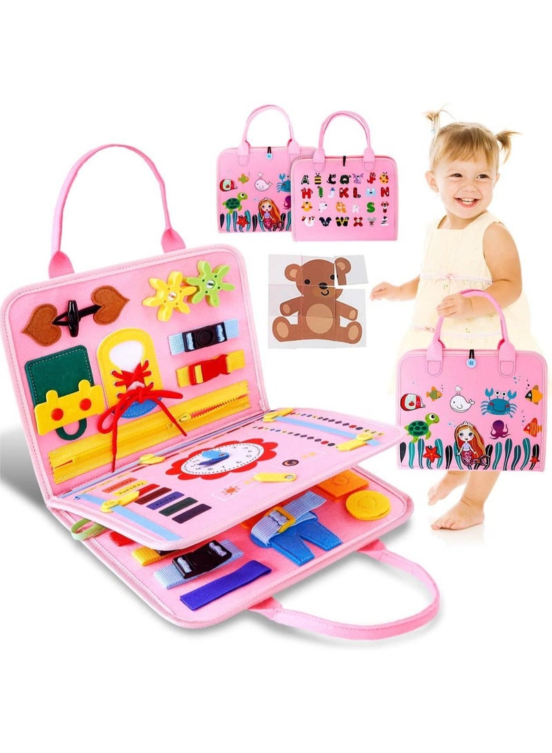 يونيكبيبي كتاب الأنشطة الحسي للأطفال من اللباد، لوحة أنشطة مونتيسوري تعليمية، كتاب هادئ للتعلم المبكر، لعبة أطفال ما قبل المدرسة، كتاب مشغول للسفر مع أنشطة مهارات الحياة، تطوير المهارات الحركية الدقيقة والقدرات الإدراكية، تصميم حورية البحر باللون الوردي - Image 2