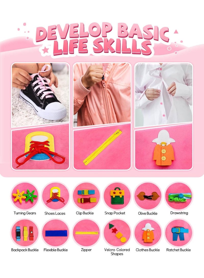 يونيكبيبي كتاب الأنشطة الحسي للأطفال من اللباد، لوحة أنشطة مونتيسوري تعليمية، كتاب هادئ للتعلم المبكر، لعبة أطفال ما قبل المدرسة، كتاب مشغول للسفر مع أنشطة مهارات الحياة، تطوير المهارات الحركية الدقيقة والقدرات الإدراكية، تصميم حورية البحر باللون الوردي - Image 5