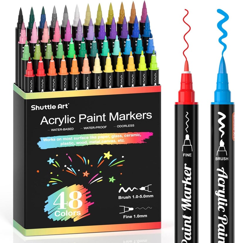 Shuttle Art Dual Tip Acrylic Paint Pens, 48 Colors Fine & Brush Markers for Rock Painting, Ceramic, Wood, Fabric, Glass - Art Set for Kids Adults on Christmas Easter - Image 1