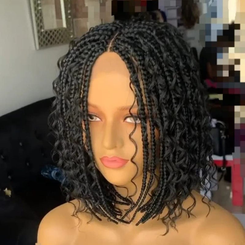 Czrleaty Knotless Braided Wigs for Black Women Heat Resistant Fiber Soft Synthetic Short Bob Box Braided Wig Half Curly Half Braided Wig African American Braided Wigs(12 inches, New Middle Black) 