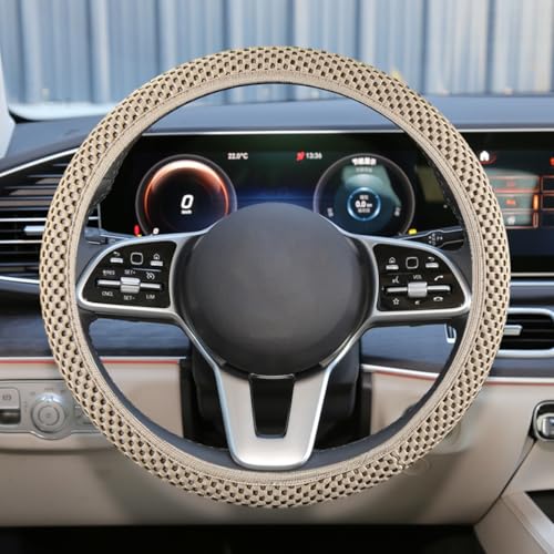 UHANBUT Elastic Stretch Steering Wheel Cover, Anti-Slip 15 inch Microfiber Odorless Breathable Ice Silk Car Steering Wheel Protector, Easy Carry, Warm in Winter & Cool in Summer (Beige) - Image 1