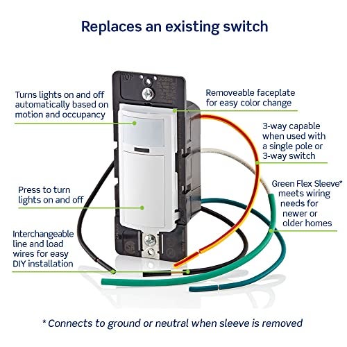 Leviton Motion Sensor Light Switch, Motion Activated, Auto-On/Auto-Off or Manual-On, 5A, No Neutral Wire Required, Single Pole or 3-Way, DOS05-1LZ, White/Ivory/Light Almond - Image 4