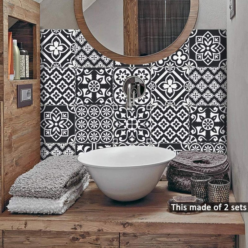 Alwayspon Floor Wall Tile Transfers Sticker for Home Decor, Peel & Stick self-Adhesive splashback, Tile Decals for Living Room Kitchen Bathroom Decor, 10 Pieces (Black and White, 20x20cm) - Image 1