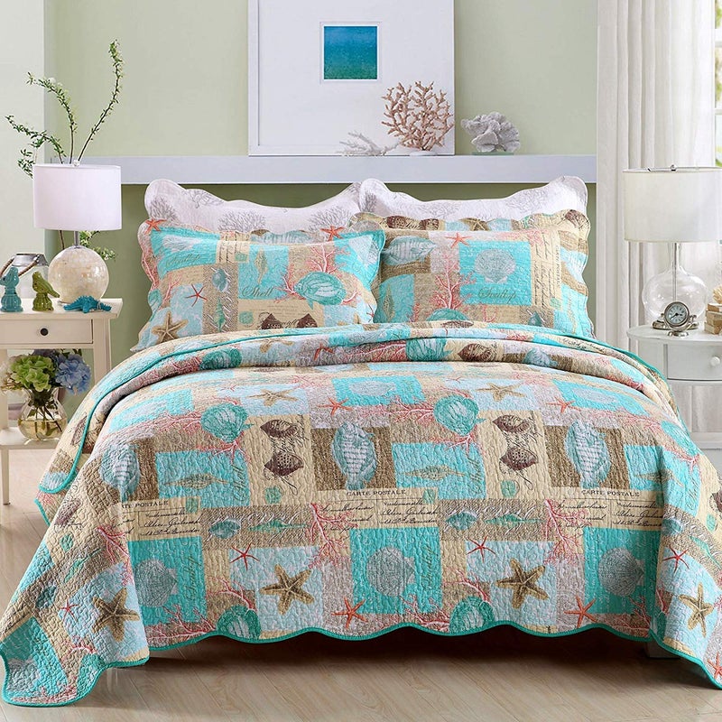 YAYIDAY Quilt King Size Bedspread Set  100 Cotton Reversible Breathable Star Fish Coral Shell Style Quilted Quilt with Pillow Shams for All Seasons