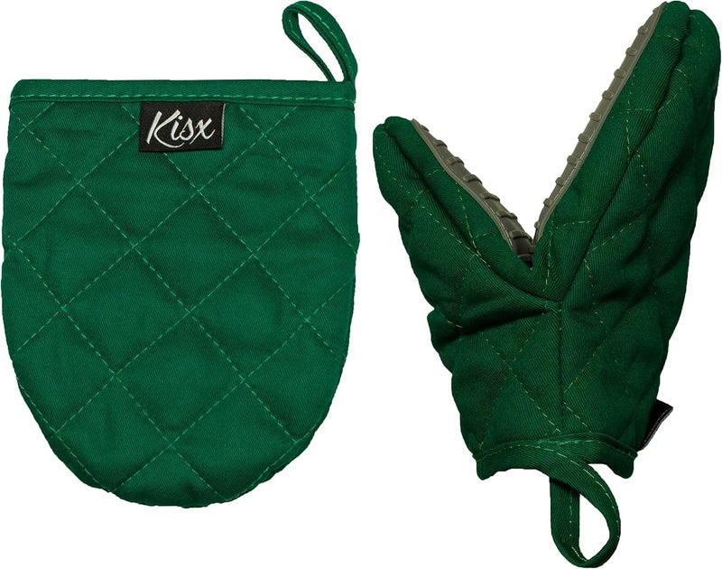 Kisx Oven Mitts Heat Resistant – (Green) Mini Oven Mitts, Silicone Gloves Heat Resistant, Kitchen Gloves for Cooking, Silicone Oven Mitts & Pot Holders Sets, Kitchen Pot Holders & Oven Mitts Sets - Image 1