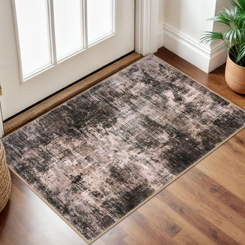 IOHOUZE Small Abstract Area Rug 2x3 Ft Entryway Rugs Washable Door Mat Indoor Entrance, Rubber Backed Throw Rugs, Printed Faux Wool Non Slip Floor Carpet for Foyer Front Door Sink, Brown/Rust - Image 1