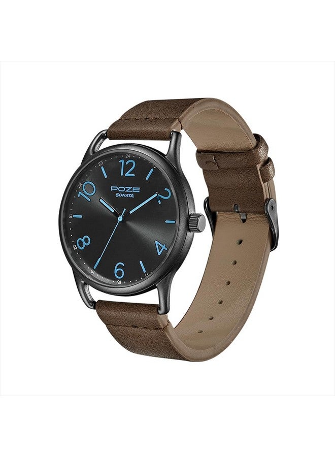 Sonata Poze Quartz Analog Black Dial PU Leather Strap Watch for Men-SP70014QL01W - Image 2