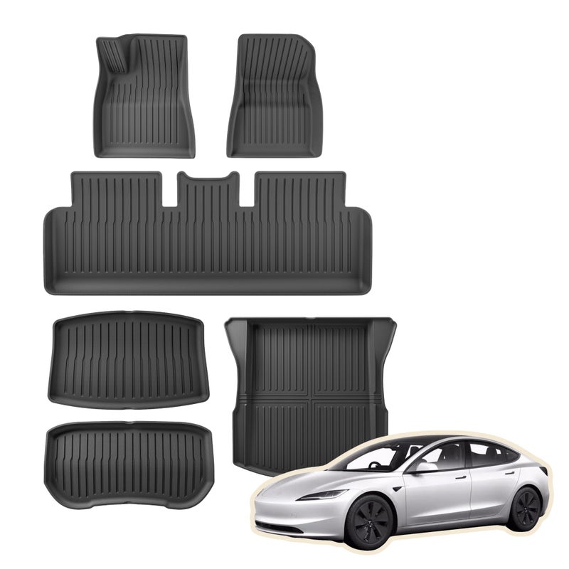 MOTOR FIT 3D All-Weather Car Floor Mats for Tesla Model 3 2024 2025 2026 | 6-Piece Waterproof Set with Anti-Slip Backing & Raised Edges | Interior Accessories for Tesla Model 3 2024 To 2026 Highland - Image 1