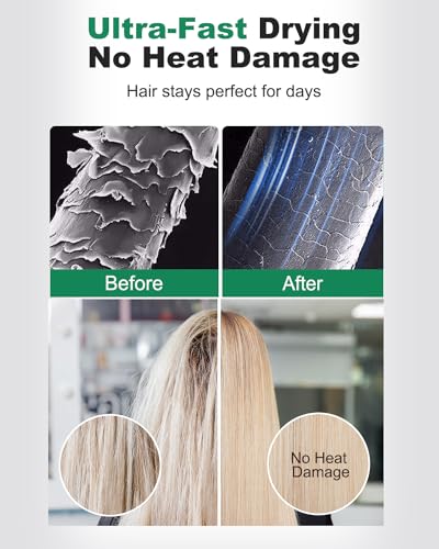 7MAGIC High-Speed Hair Dryer with 110,000RPM Brushless Motor for Fast Drying, Low Noise Blow Dryer with Tri-Colour LED Light Ring, 1400W Ionic Hair Dryer for Home and Travel, Magnetic Nozzle, Green - Image 3