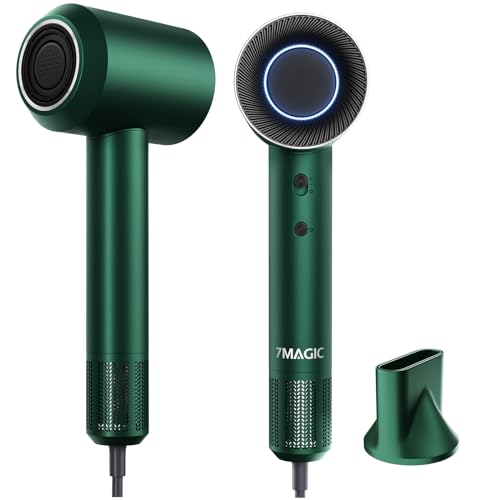 7MAGIC High-Speed Hair Dryer with 110,000RPM Brushless Motor for Fast Drying, Low Noise Blow Dryer with Tri-Colour LED Light Ring, 1400W Ionic Hair Dryer for Home and Travel, Magnetic Nozzle, Green - Image 1