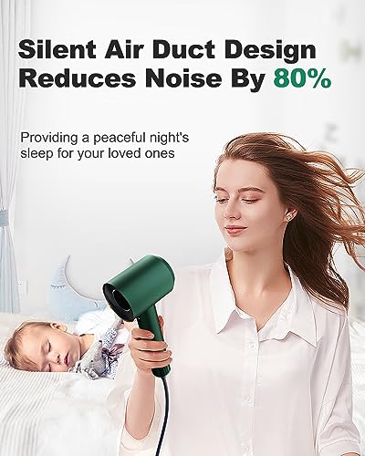 7MAGIC High-Speed Hair Dryer with 110,000RPM Brushless Motor for Fast Drying, Low Noise Blow Dryer with Tri-Colour LED Light Ring, 1400W Ionic Hair Dryer for Home and Travel, Magnetic Nozzle, Green - Image 4