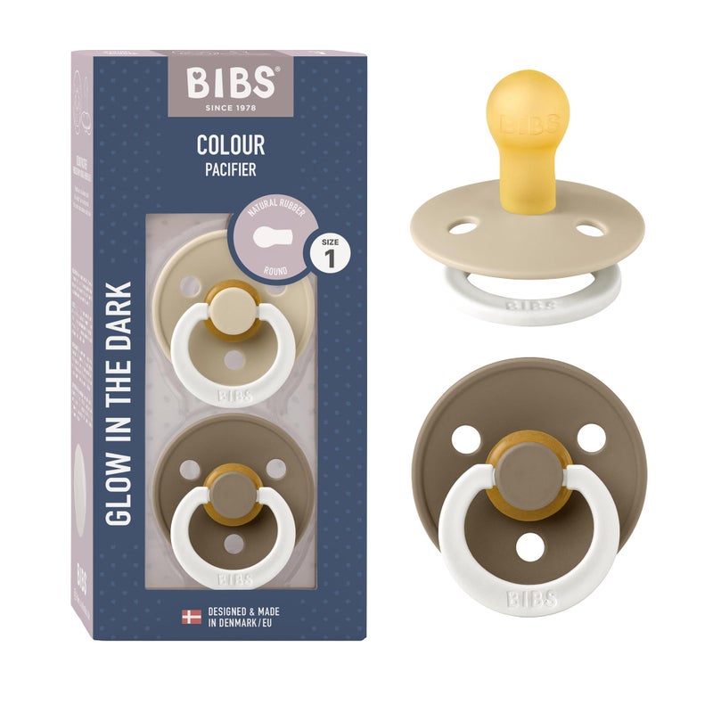 BIBS Pacifiers Colour Collection | Natural Rubber Baby Pacifier | Set of 2 BPA-Free Soothers | Made in Denmark | 0+ Months (Pack of 2) | Vanilla Night/Dark Oak Night - Image 1