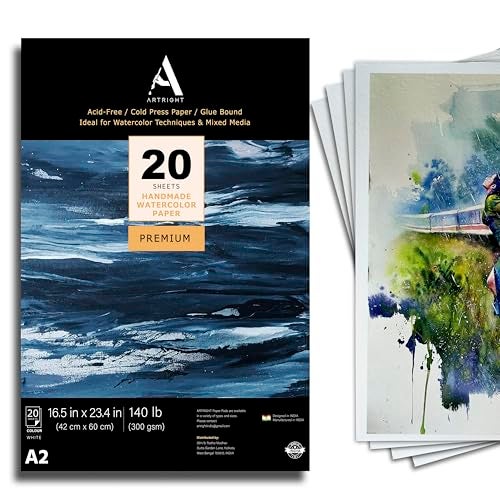 ArtRight Artists' Watercolor Paper A2 300 GSM - 20 Sheets of Handmade Rough Grain Water Colour Papers for Watercolour, Acrylic, Gouache, Ink & Mixed Media - Image 1