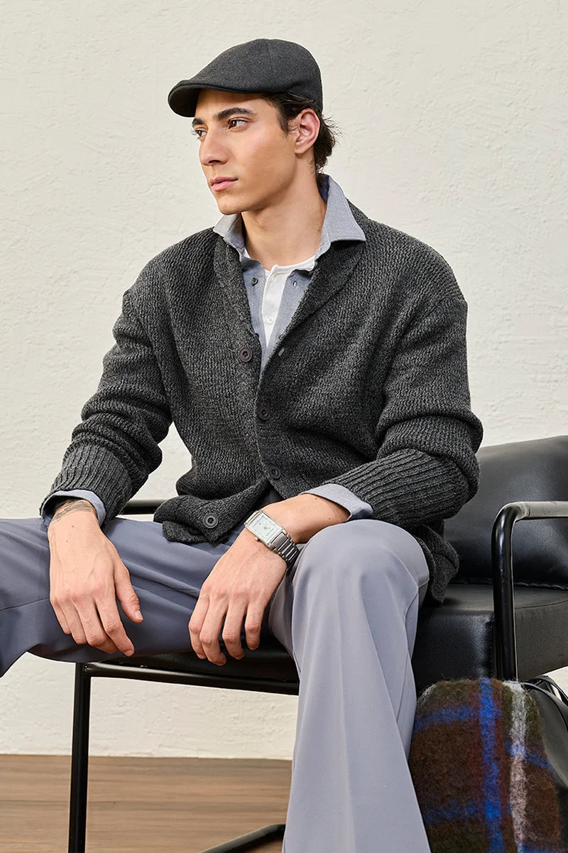 سنيتش Dark Grey Textured Long Sleeve Slim Fit Sweater