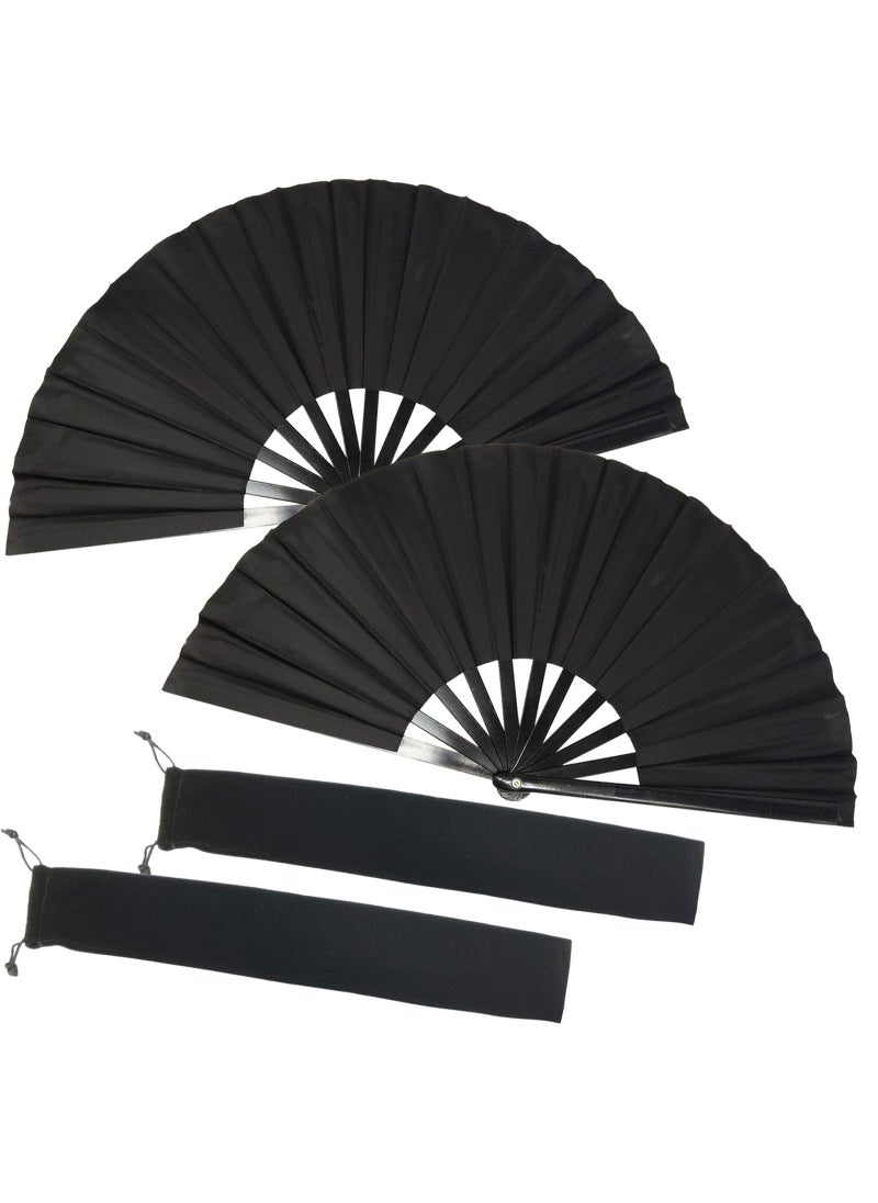 TIHOOD TIHOOD 2PCS Large Folding Silk Hand Fans  Chinese Tai Chi Fans for Men and Women Performance Dance Decorations Festival Gift Black x2 
