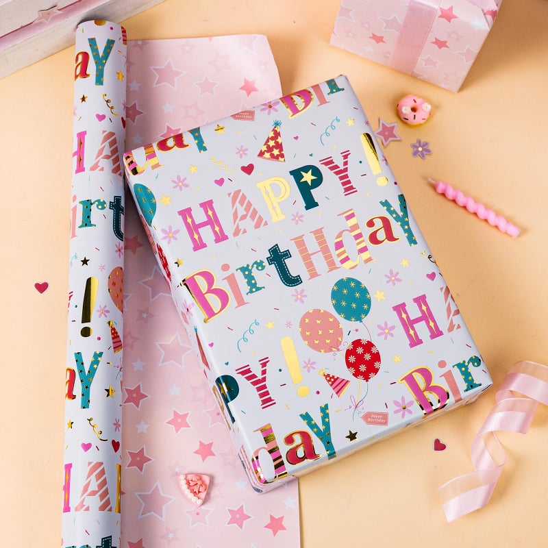 Merture Reversible Colorful Wrapping Paper - Mini Roll - 17 In X 16.5 Ft(23.3 sq.ft.ttl.) Foil Happy Birthday Letter & Balloon Design for Birthday - Image 2