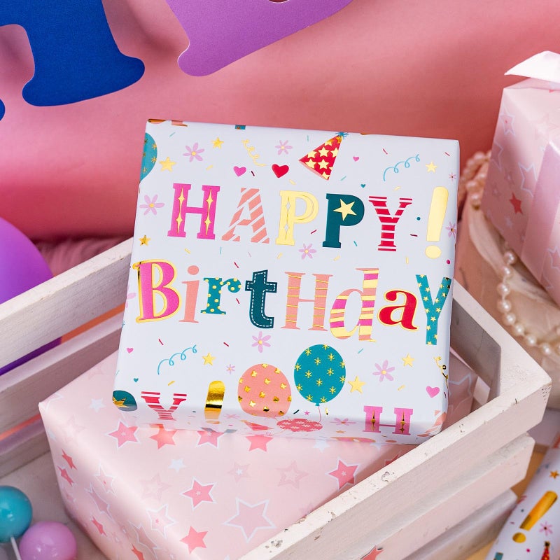 Merture Reversible Colorful Wrapping Paper - Mini Roll - 17 In X 16.5 Ft(23.3 sq.ft.ttl.) Foil Happy Birthday Letter & Balloon Design for Birthday - Image 5