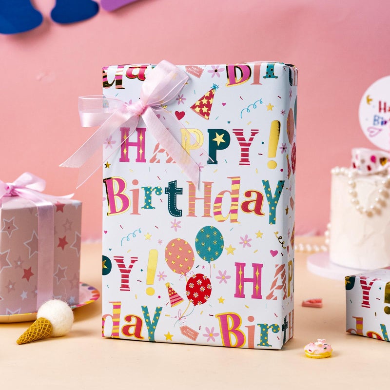 Merture Reversible Colorful Wrapping Paper - Mini Roll - 17 In X 16.5 Ft(23.3 sq.ft.ttl.) Foil Happy Birthday Letter & Balloon Design for Birthday - Image 4