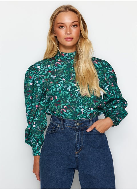 Green High Neck Patterned Woven Blouse TWOAW21BZ0269