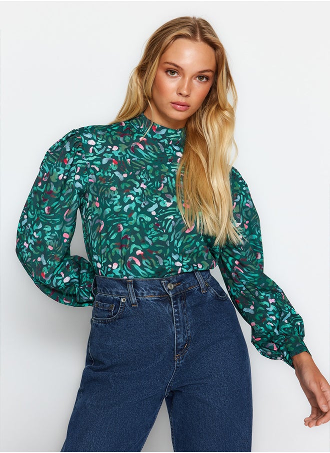 trendyol - Green High Neck Patterned Woven Blouse TWOAW21BZ0269 - Image 1