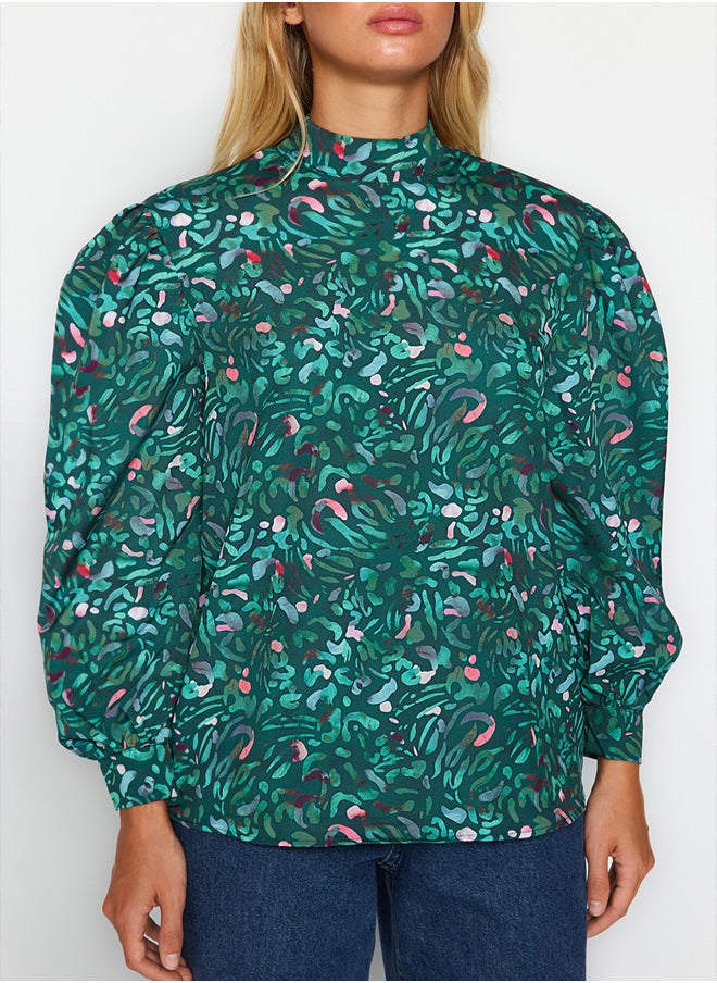 trendyol - Green High Neck Patterned Woven Blouse TWOAW21BZ0269 - Image 1