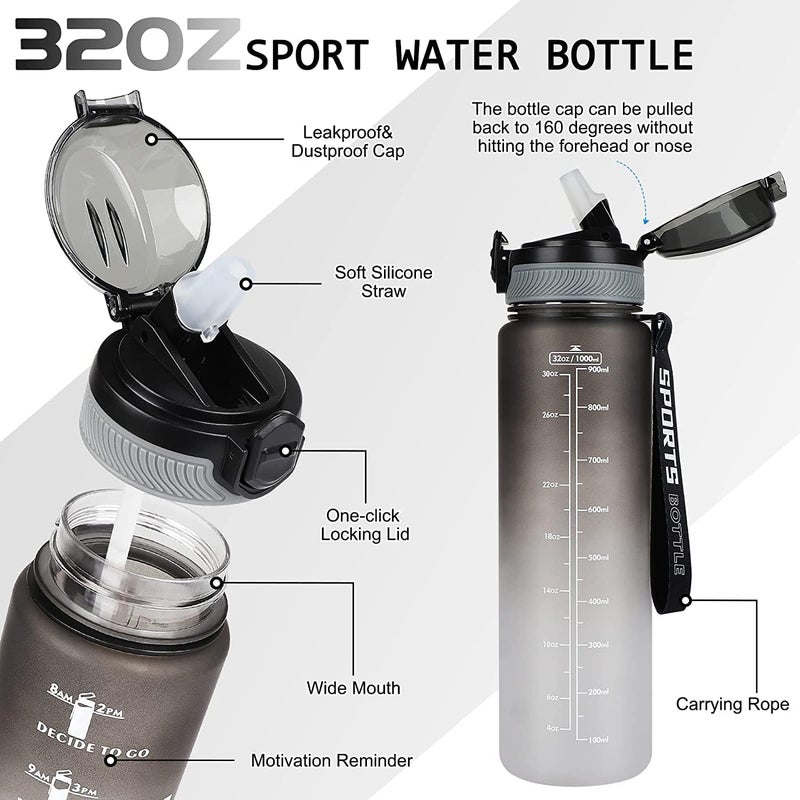 ELONSEY 1 Liter Water Bottle with 3-Layer Twist and Lock Storage, 100% BPA-Free Leak Proof Fitness Sports Bottle With Straw and Time Markers, Supplements Non-Slip Mix Shake Bottle - Black 1L - Image 3