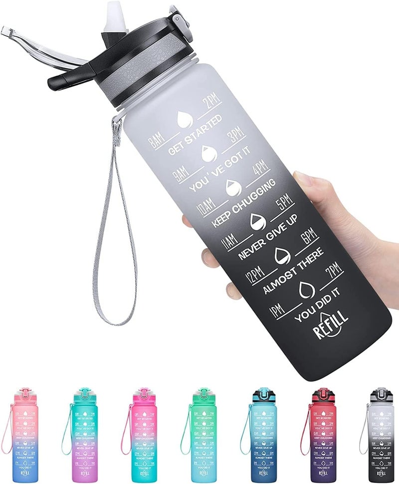 ELONSEY 1 Liter Water Bottle with 3-Layer Twist and Lock Storage, 100% BPA-Free Leak Proof Fitness Sports Bottle With Straw and Time Markers, Supplements Non-Slip Mix Shake Bottle - Black 1L - Image 1