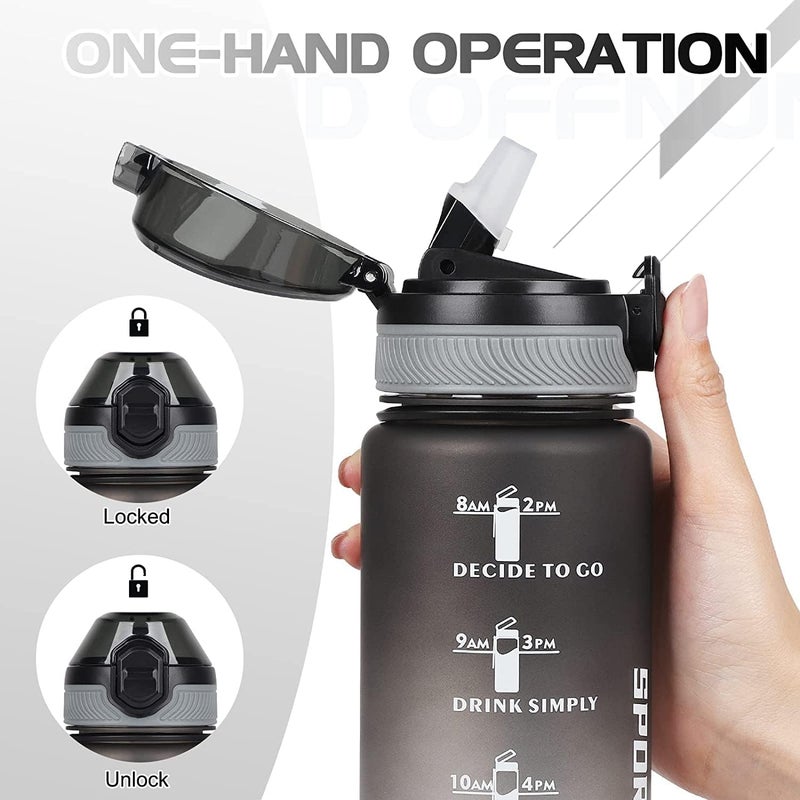 ELONSEY 1 Liter Water Bottle with 3-Layer Twist and Lock Storage, 100% BPA-Free Leak Proof Fitness Sports Bottle With Straw and Time Markers, Supplements Non-Slip Mix Shake Bottle - Black 1L - Image 4