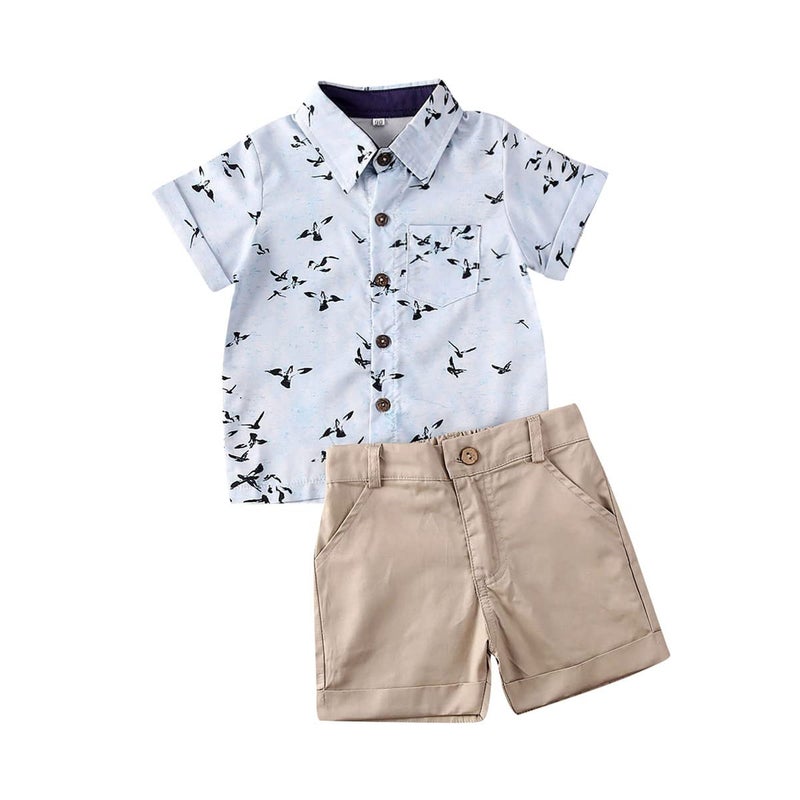 fhutpw Baby Toddler Boy Outfits 2T 3T 4T 5T Clothes Summer Kids Pattern Short Sleeve Button Down Shirt & Shorts Set - Image 1