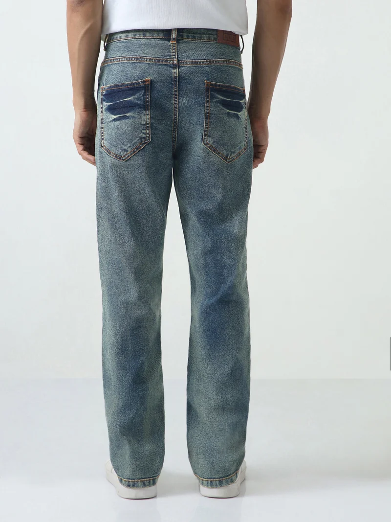 Urbano Fashion Urbano Fashion Men's Light Blue Straight Fit Heavy Washed Jeans Stretchable