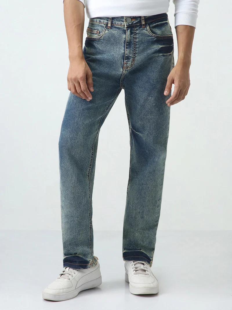 Urbano Fashion Urbano Fashion Men's Light Blue Straight Fit Heavy Washed Jeans Stretchable