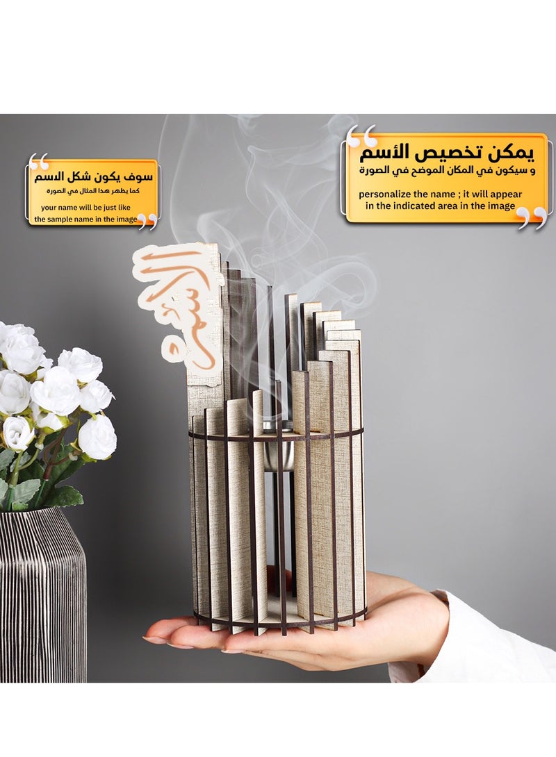 حكاية شمعة مبخره بخور مصنوعه من الخشب الفاخر ، مبخرة باسم قابل للتخصيص "باسمك او اسم من تحب "بتصميم مميز وبلون بيج - Image 3
