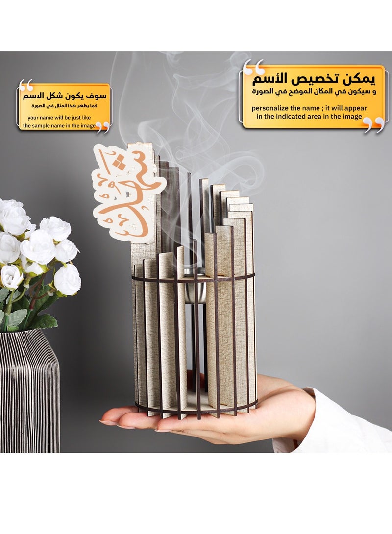 حكاية شمعة مبخره بخور مصنوعه من الخشب الفاخر ، مبخرة باسم قابل للتخصيص "باسمك او اسم من تحب "بتصميم مميز وبلون بيج - Image 4